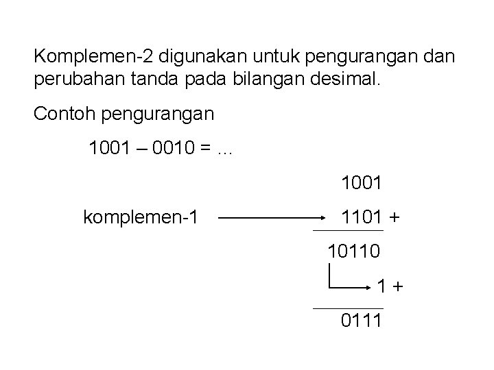 Komplemen-2 digunakan untuk pengurangan dan perubahan tanda pada bilangan desimal. Contoh pengurangan 1001 –