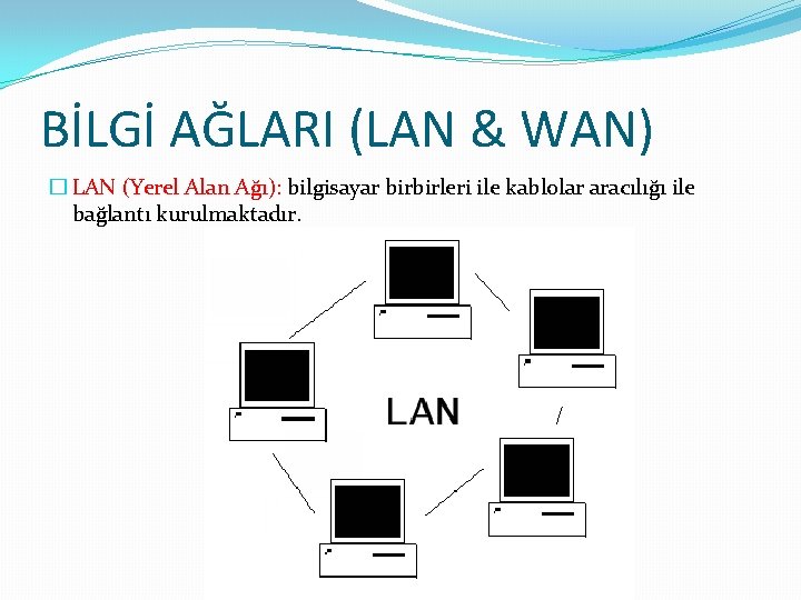 BİLGİ AĞLARI (LAN & WAN) � LAN (Yerel Alan Ağı): bilgisayar birbirleri ile kablolar