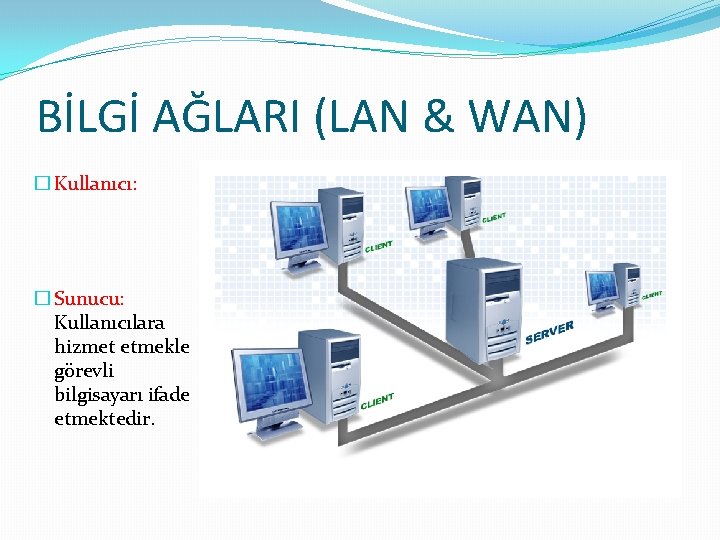 BİLGİ AĞLARI (LAN & WAN) � Kullanıcı: � Sunucu: Kullanıcılara hizmet etmekle görevli bilgisayarı