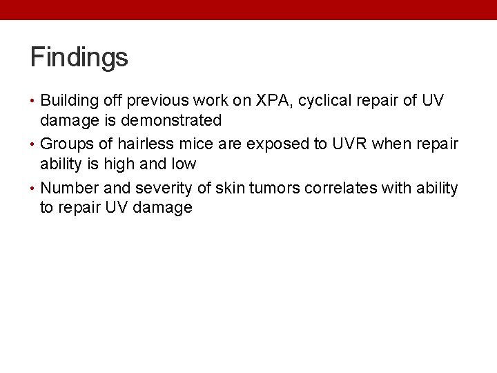 Findings • Building off previous work on XPA, cyclical repair of UV damage is
