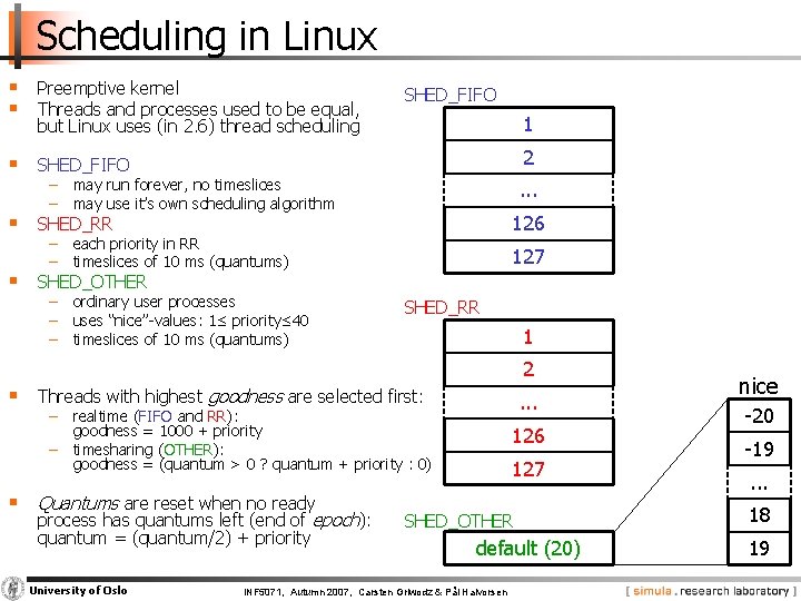 Scheduling in Linux § Preemptive kernel § Threads and processes used to be equal,