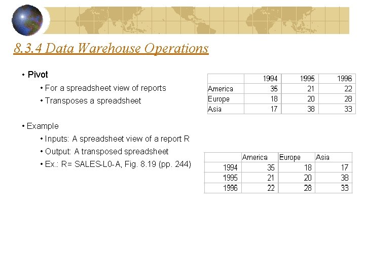 8. 3. 4 Data Warehouse Operations • Pivot • For a spreadsheet view of 8. 3. 4 Data Warehouse Operations • Pivot • For a spreadsheet view of