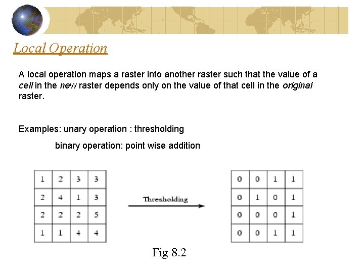 Local Operation A local operation maps a raster into another raster such that the Local Operation A local operation maps a raster into another raster such that the