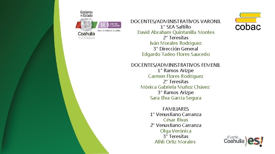 DOCENTES/ADMINISTRATIVOS VARONIL 1° SEA Saltillo David Abraham Quintanilla Montes 2° Teresitas Iván Morales Rodríguez