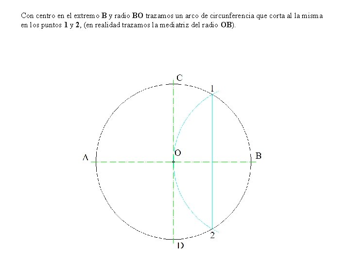 Con centro en el extremo B y radio BO trazamos un arco de circunferencia