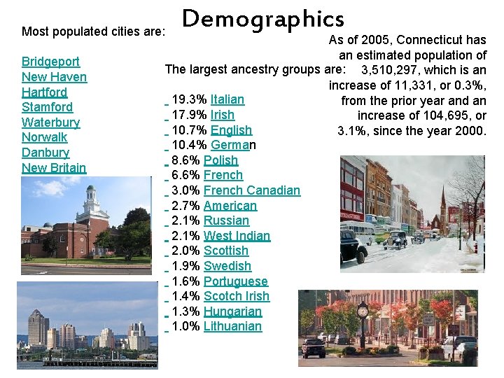 Most populated cities are: Bridgeport New Haven Hartford Stamford Waterbury Norwalk Danbury New Britain