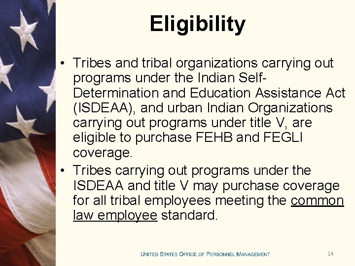 Eligibility • Tribes and tribal organizations carrying out programs under the Indian Self. Determination