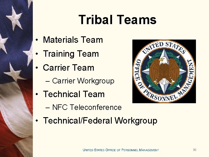 Tribal Teams • Materials Team • Training Team • Carrier Team – Carrier Workgroup