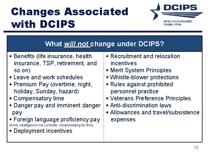 Changes Associated with DCIPS What will not change under DCIPS? § Benefits (life insurance, Changes Associated with DCIPS What will not change under DCIPS? § Benefits (life insurance,