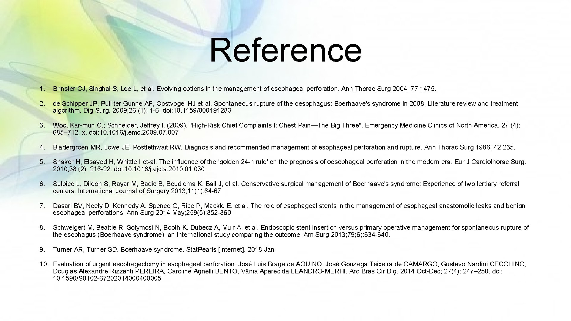 Reference 1. Brinster CJ, Singhal S, Lee L, et al. Evolving options in the
