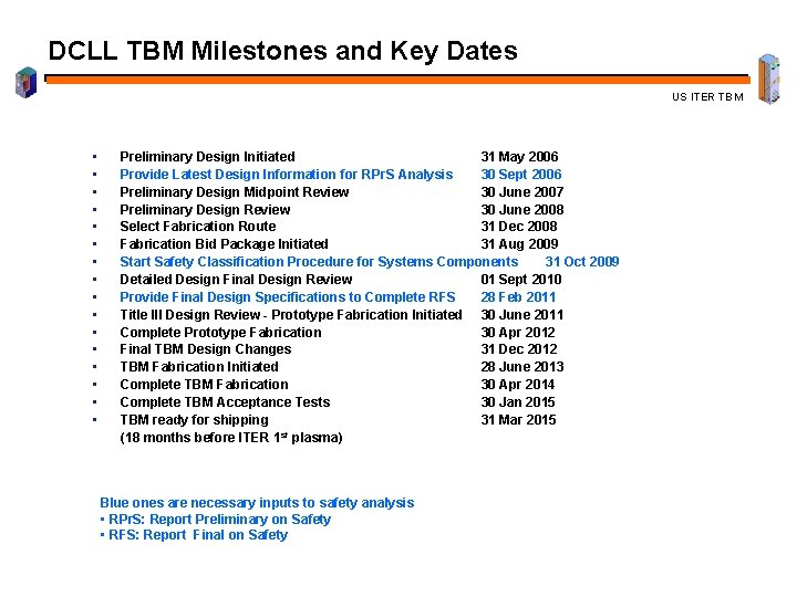 DCLL TBM Milestones and Key Dates US ITER TBM • • • • Preliminary