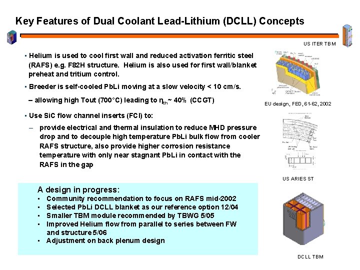 Key Features of Dual Coolant Lead-Lithium (DCLL) Concepts US ITER TBM • Helium is