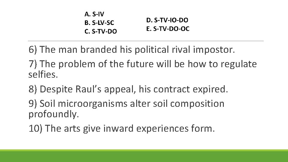 6) The man branded his political rival impostor. 7) The problem of the future