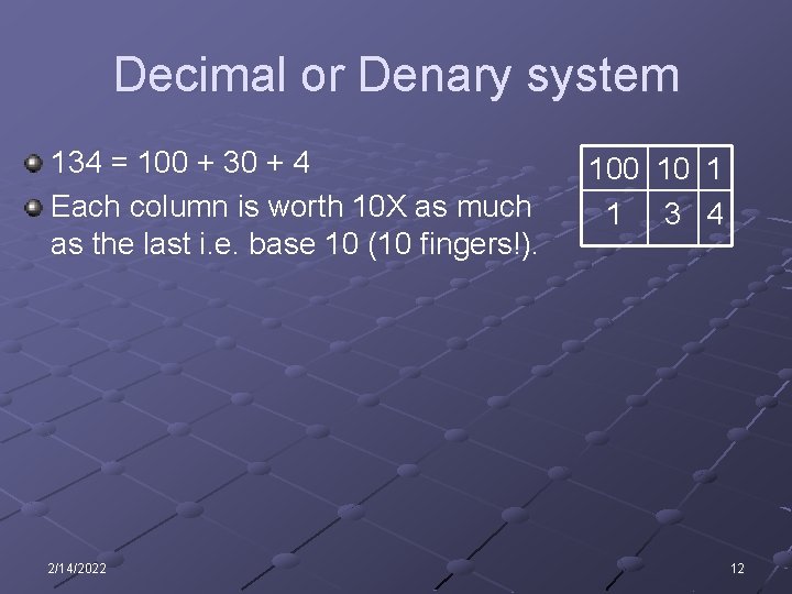 Decimal or Denary system 134 = 100 + 30 + 4 Each column is Decimal or Denary system 134 = 100 + 30 + 4 Each column is
