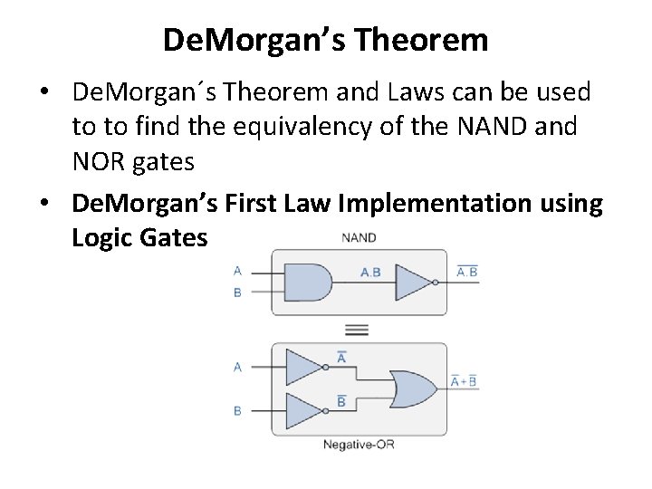 De. Morgan’s Theorem • De. Morgan´s Theorem and Laws can be used to to