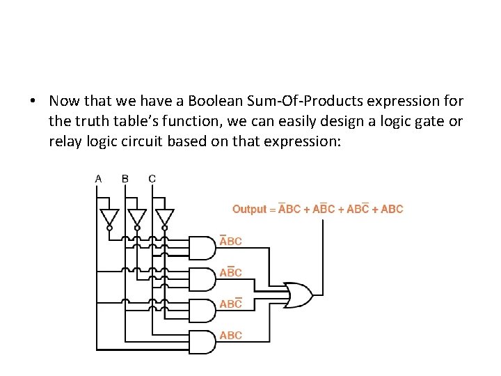  • Now that we have a Boolean Sum-Of-Products expression for the truth table’s