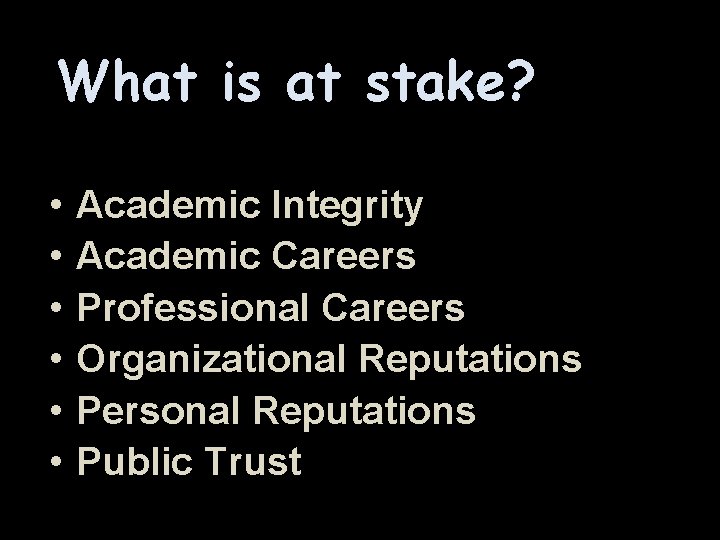 What is at stake? • • • Academic Integrity Academic Careers Professional Careers Organizational