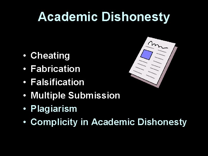 Academic Dishonesty • • • Cheating Fabrication Falsification Multiple Submission Plagiarism Complicity in Academic