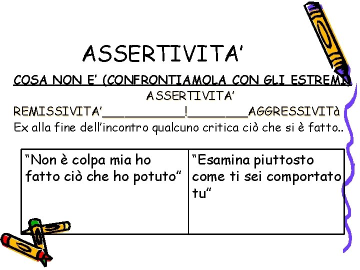 ASSERTIVITA’ COSA NON E’ (CONFRONTIAMOLA CON GLI ESTREMI) ASSERTIVITA’ REMISSIVITA’______!____AGGRESSIVITà Ex alla fine dell’incontro