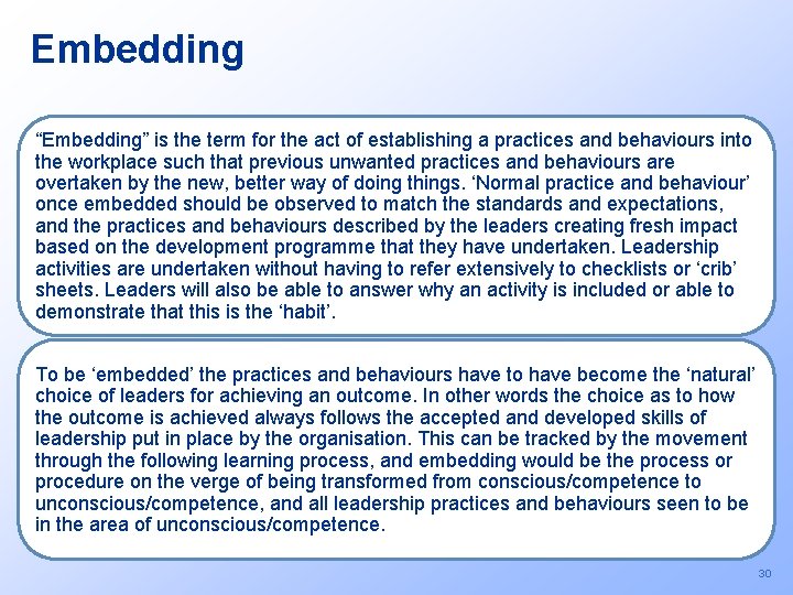 Embedding “Embedding” is the term for the act of establishing a practices and behaviours