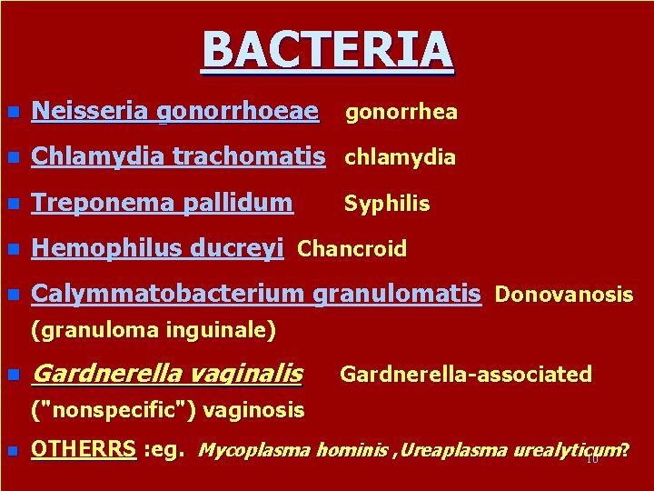 BACTERIA n Neisseria gonorrhoeae gonorrhea n Chlamydia trachomatis chlamydia n Treponema pallidum n Hemophilus