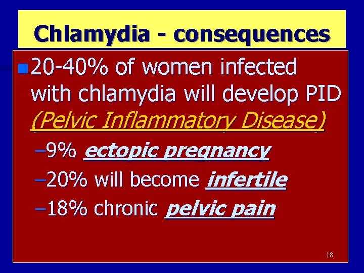 Chlamydia - consequences n 20 -40% of women infected with chlamydia will develop PID