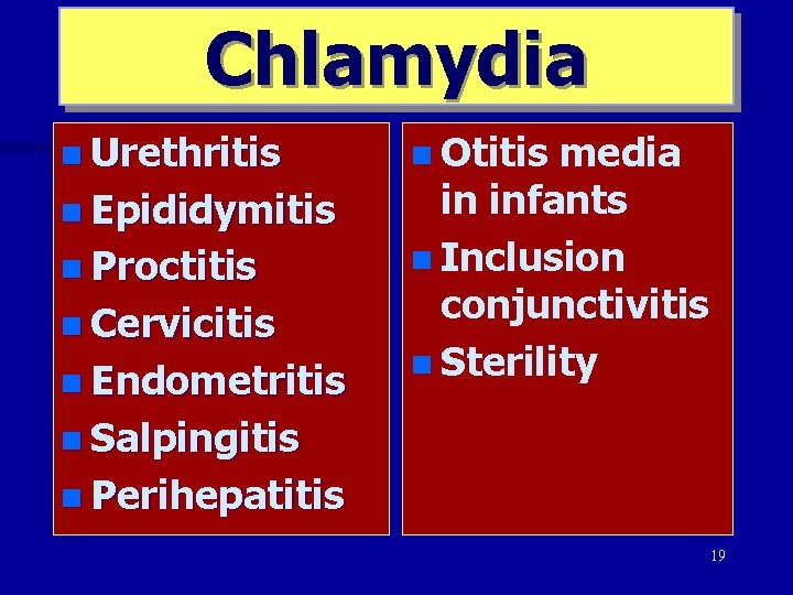 Chlamydia n Urethritis n Epididymitis n Proctitis n Cervicitis n Endometritis n Otitis media