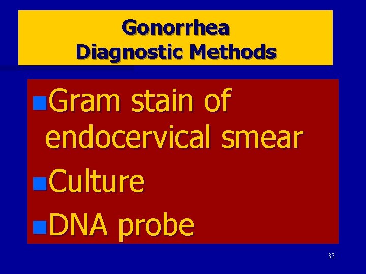 Gonorrhea Diagnostic Methods n. Gram stain of endocervical smear n. Culture n. DNA probe