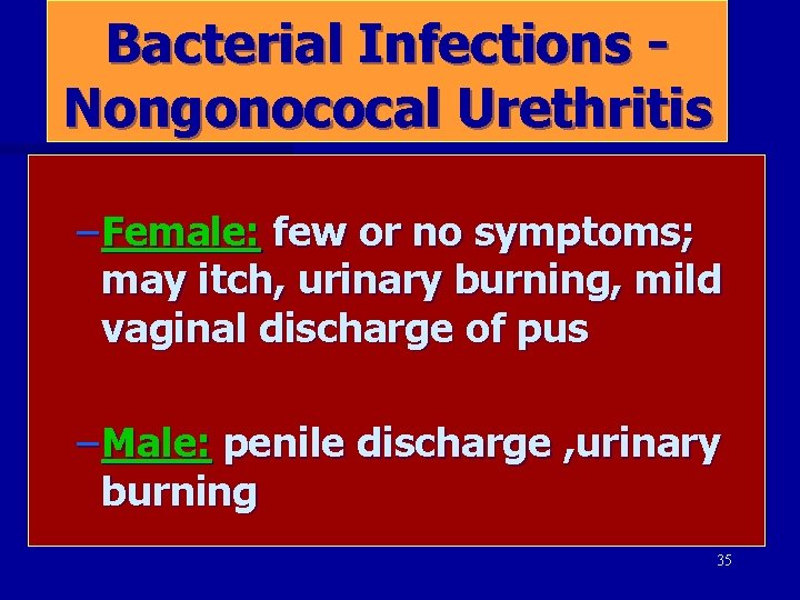 Bacterial Infections Nongonococal Urethritis – Female: few or no symptoms; may itch, urinary burning,