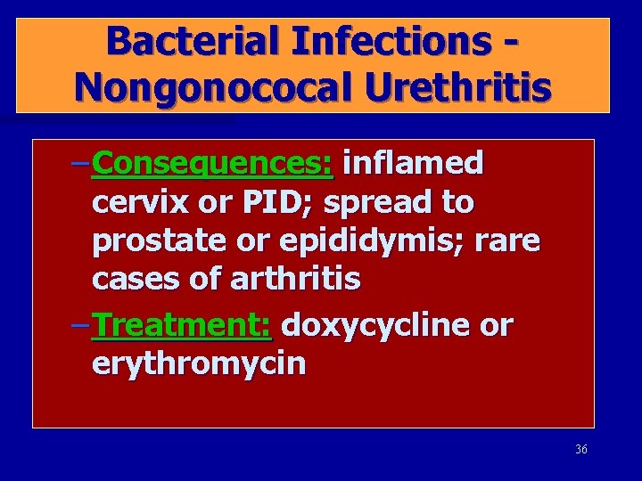 Bacterial Infections Nongonococal Urethritis – Consequences: inflamed cervix or PID; spread to prostate or