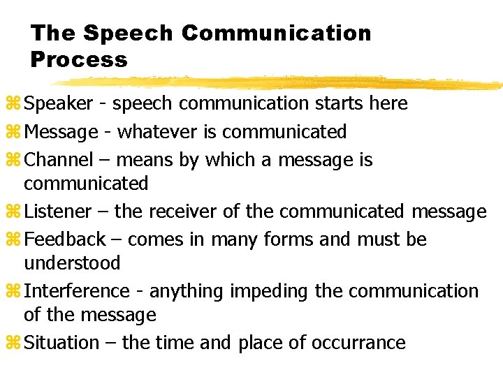 The Speech Communication Process z Speaker - speech communication starts here z Message -