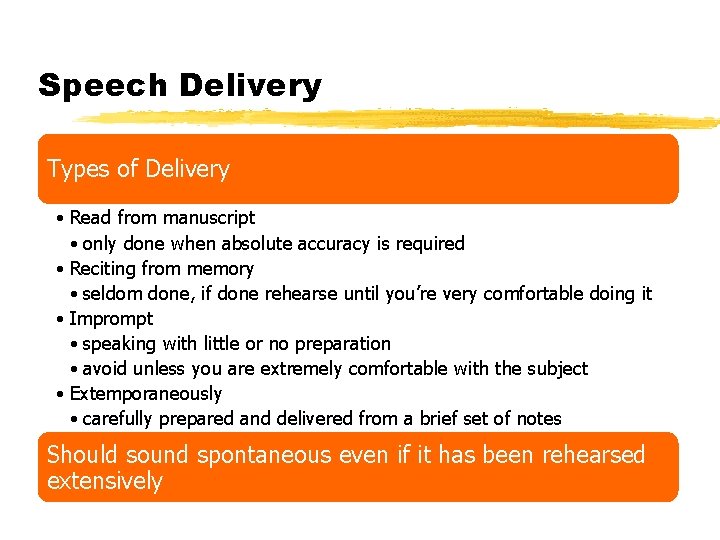 Speech Delivery Types of Delivery • Read from manuscript • only done when absolute
