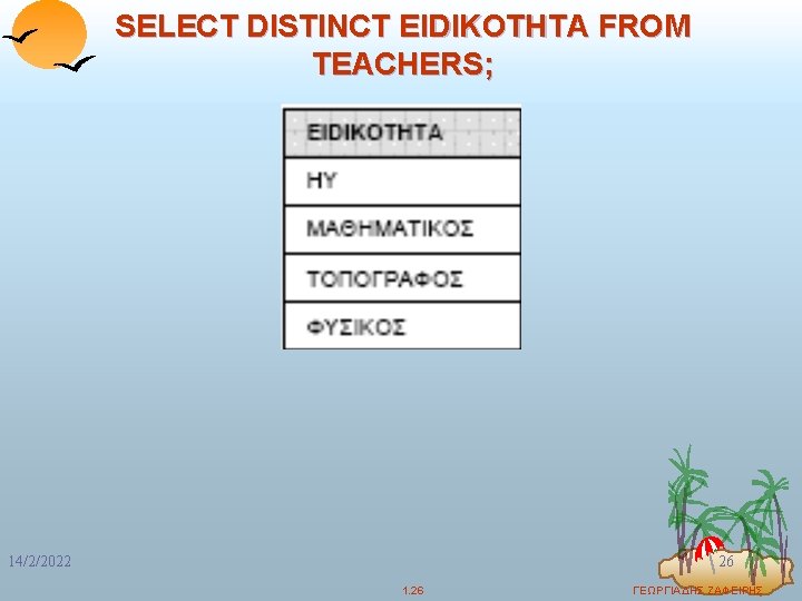 SELECT DISTINCT EIDIKOTHTA FROM TEACHERS; 14/2/2022 26 1. 26 ΓΕΩΡΓΙΑΔΗΣ ΖΑΦΕΙΡΗΣ 