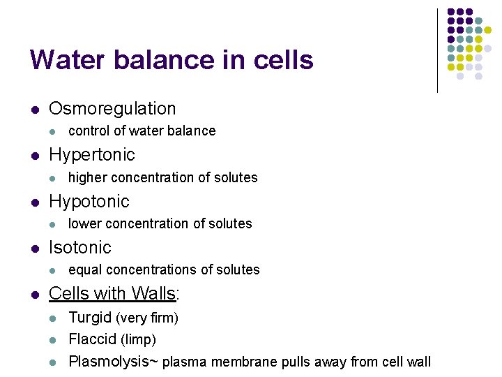 Water balance in cells l Osmoregulation l l Hypertonic l l lower concentration of