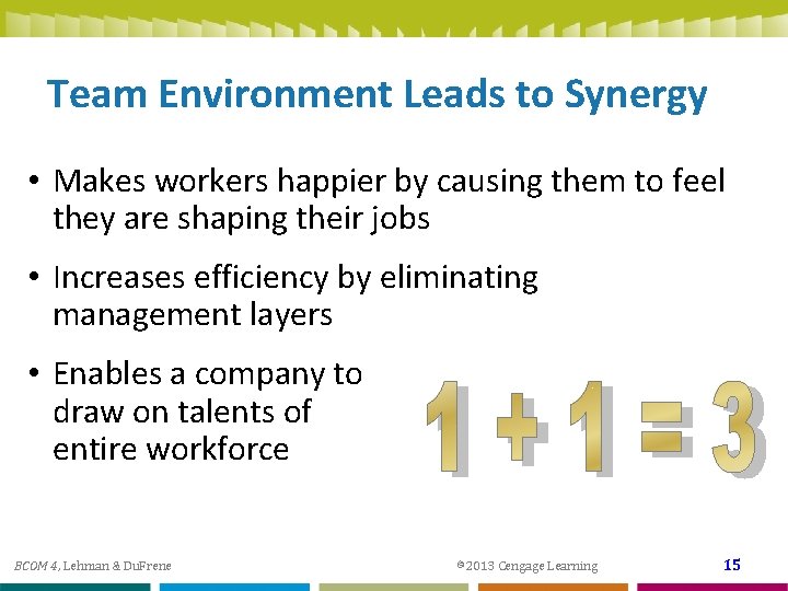 Team Environment Leads to Synergy • Makes workers happier by causing them to feel