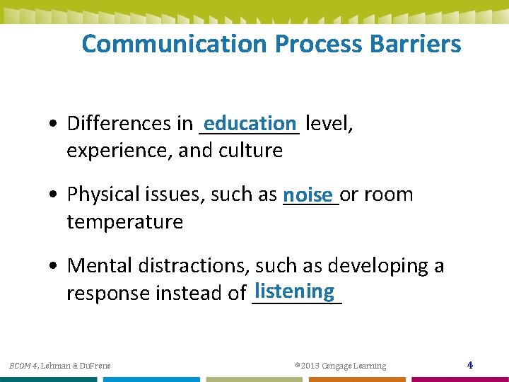 Communication Process Barriers • Differences in _____ education level, experience, and culture • Physical