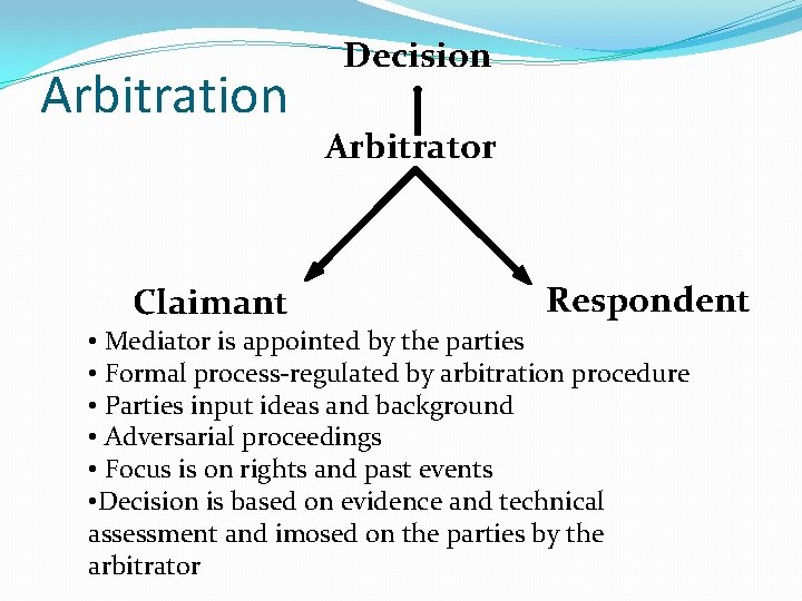 Arbitration Claimant Decision Arbitrator Respondent • Mediator is appointed by the parties • Formal