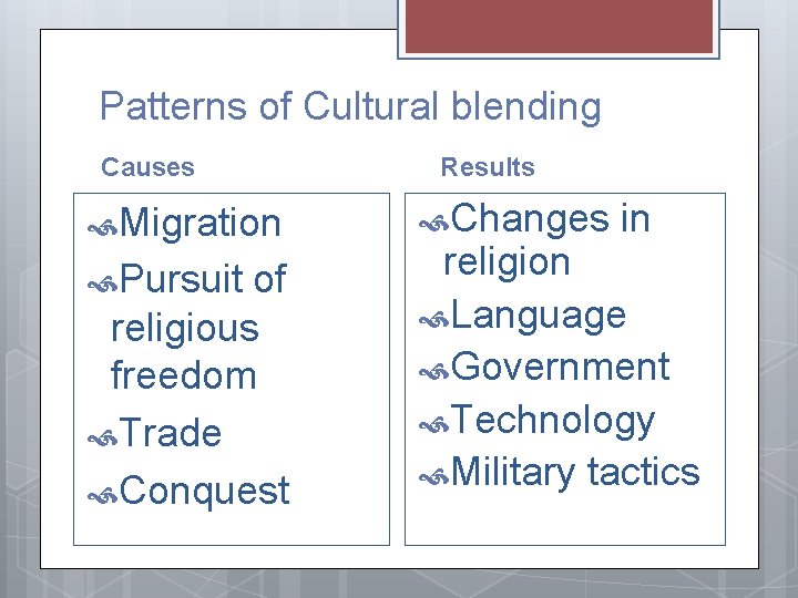 Patterns of Cultural blending Causes Migration Pursuit of religious freedom Trade Conquest Results Changes