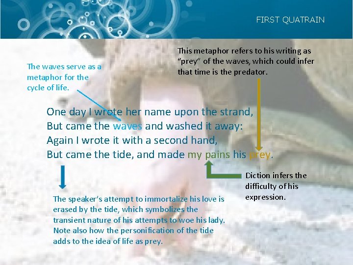 FIRST QUATRAIN The waves serve as a metaphor for the cycle of life. This