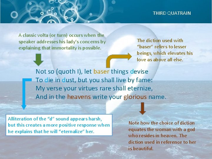 THIRD QUATRAIN A classic volta (or turn) occurs when the speaker addresses his lady’s