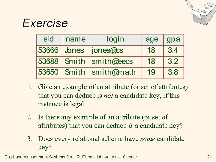 Exercise 1. Give an example of an attribute (or set of attributes) that you Exercise 1. Give an example of an attribute (or set of attributes) that you