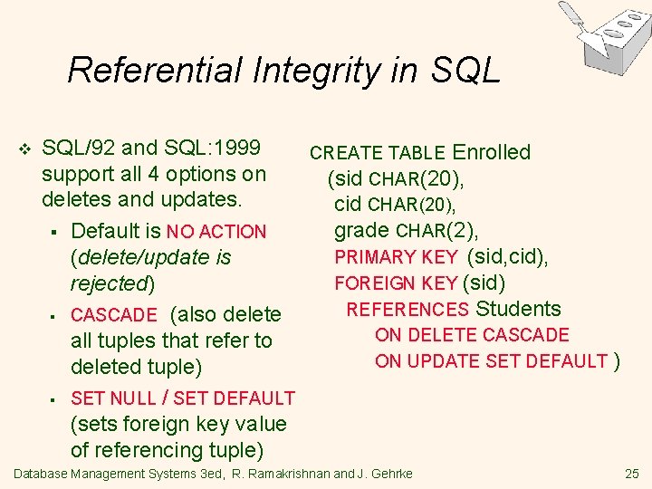 Referential Integrity in SQL v SQL/92 and SQL: 1999 CREATE TABLE Enrolled support all Referential Integrity in SQL v SQL/92 and SQL: 1999 CREATE TABLE Enrolled support all