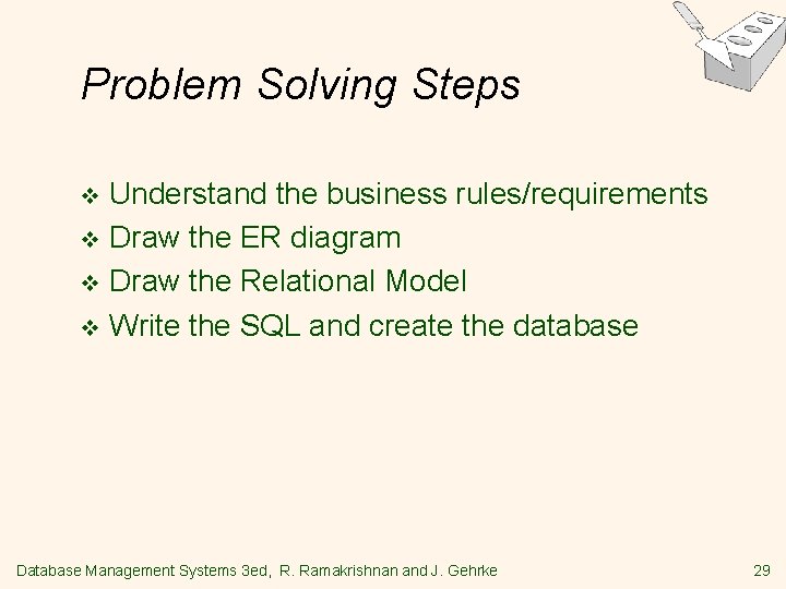 Problem Solving Steps Understand the business rules/requirements v Draw the ER diagram v Draw Problem Solving Steps Understand the business rules/requirements v Draw the ER diagram v Draw