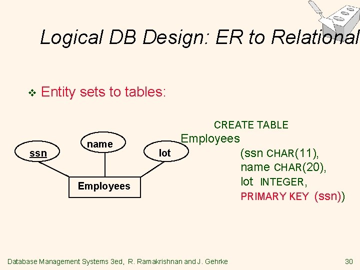 Logical DB Design: ER to Relational v Entity sets to tables: CREATE TABLE ssn Logical DB Design: ER to Relational v Entity sets to tables: CREATE TABLE ssn