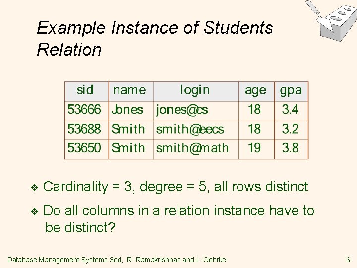 Example Instance of Students Relation v Cardinality = 3, degree = 5, all rows Example Instance of Students Relation v Cardinality = 3, degree = 5, all rows
