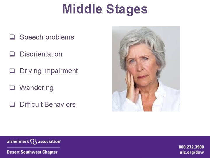 Middle Stages q Speech problems q Disorientation q Driving impairment q Wandering q Difficult