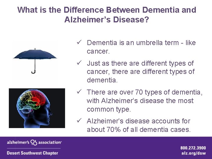 What is the Difference Between Dementia and Alzheimer’s Disease? ü Dementia is an umbrella