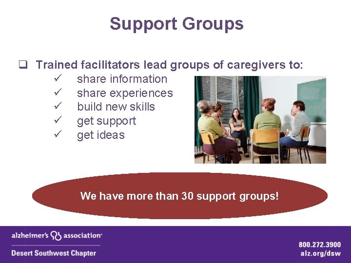 Support Groups q Trained facilitators lead groups of caregivers to: ü share information ü