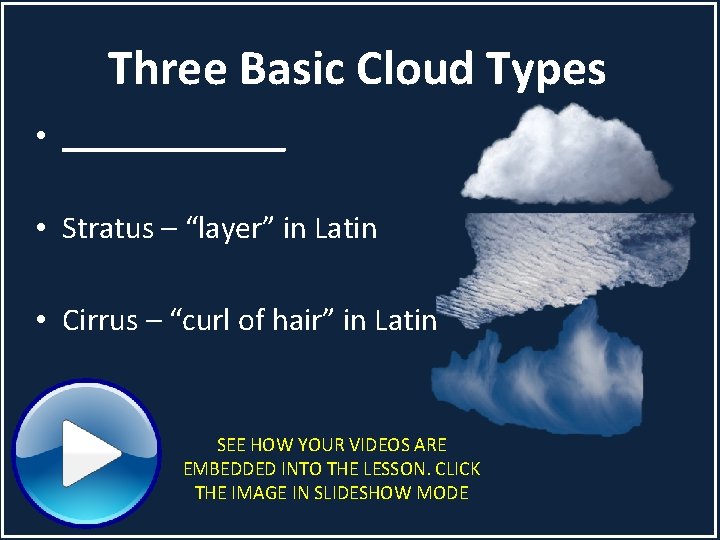 Three Basic Cloud Types • _______ • Stratus – “layer” in Latin • Cirrus