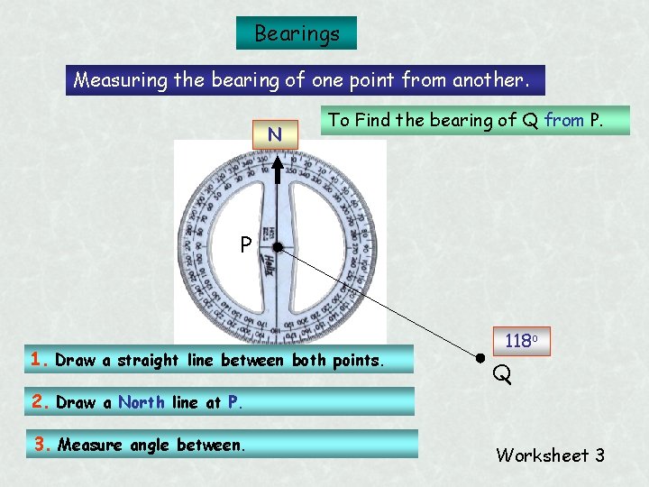 Bearings Measuring the bearing of one point from another. N To Find the bearing